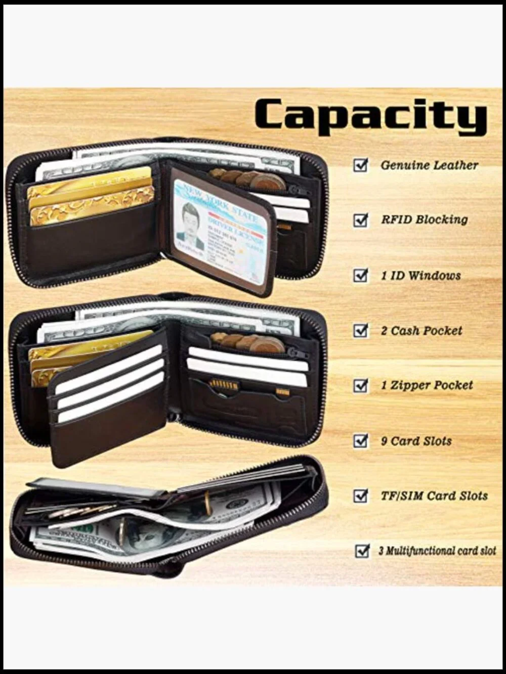 Mens Genuine Leather Bifold Wallet RFID Blocking Zip Around Card Holder